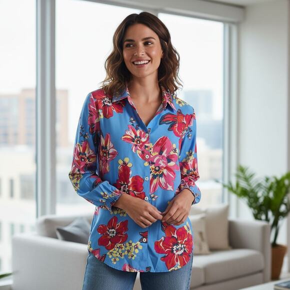 NEW John Mark Med. Floral Print Button Front Blouse Smocked 3/4 Sleeve Blue Pink - Picture 1 of 8